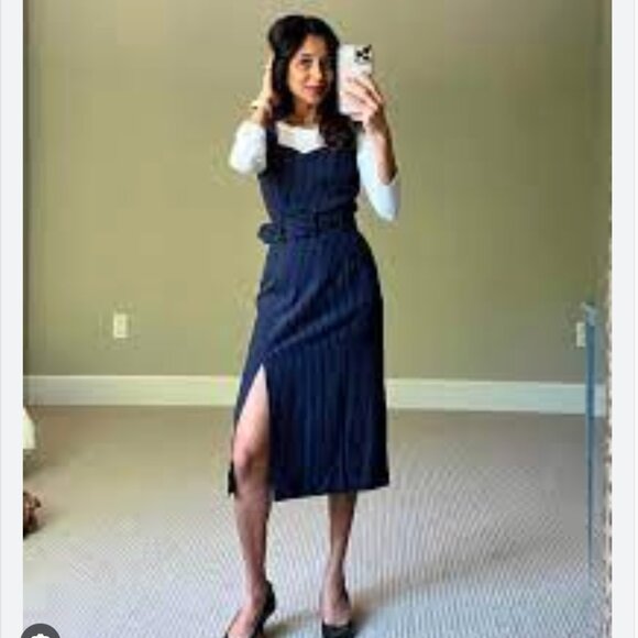 Banana Republic Belted Sheath Midi Dress Navy Stripe Size 10 - Picture 2 of 9